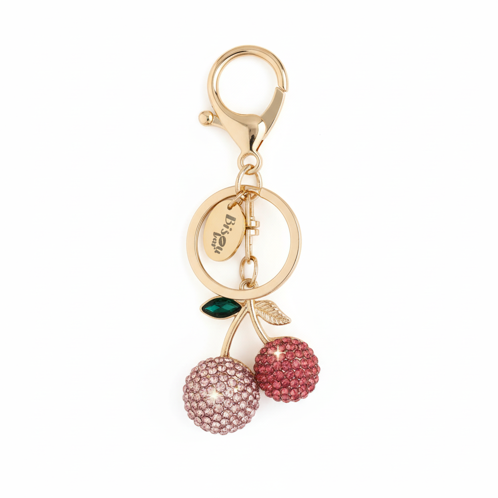 SPARKLING DOUBLE CHERRY KEYCHAIN CHARM PINK