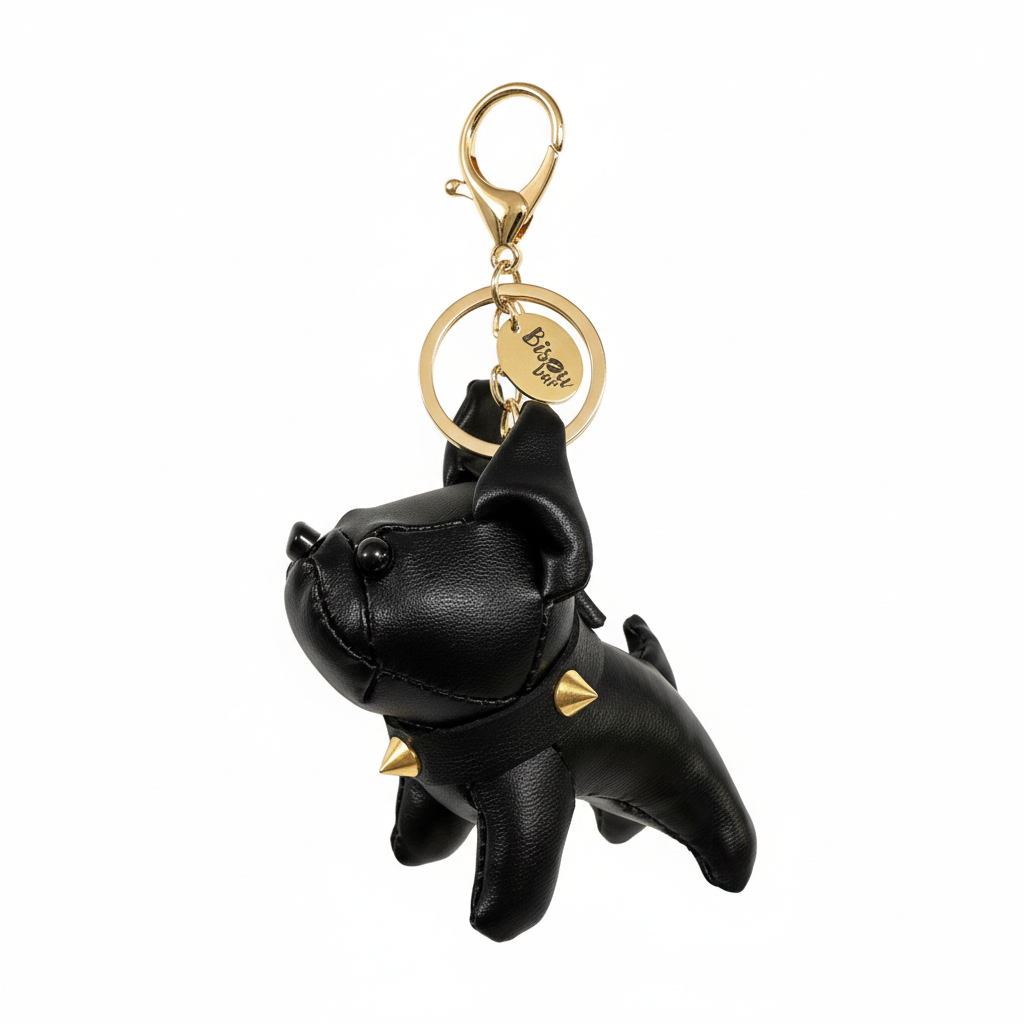 BULLDOG PUPPY KEYCHAIN CHARM FAUX LEATHER BLACK