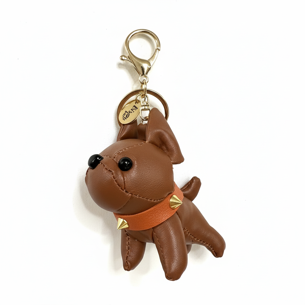 BULLDOG PUPPY KEYCHAIN CHARM FAUX LEATHER BROWN