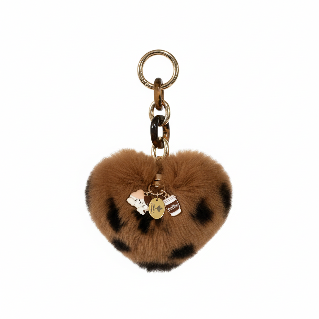 FLUFFY HEART KEYCHAIN CHARM SPOTTED BROWN