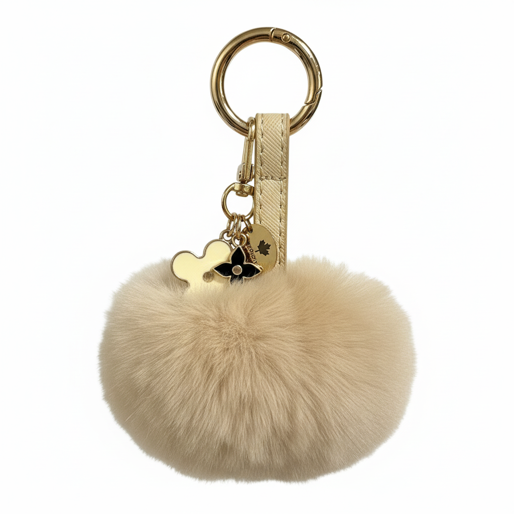 FLUFFY POM-POM BALL KEYCHAIN CHARM BEIGE