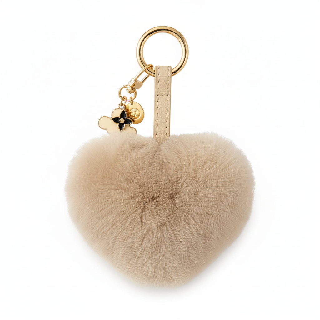 FLUFFY HEART KEYCHAIN CHARM BEIGE