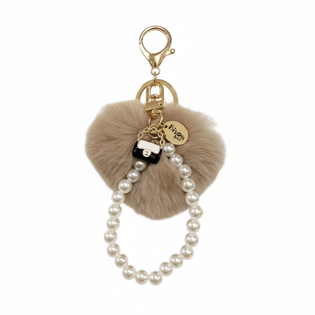 FLUFFY HEART WITH PEARL KEYCHAIN CHARM LIGHT BROWN