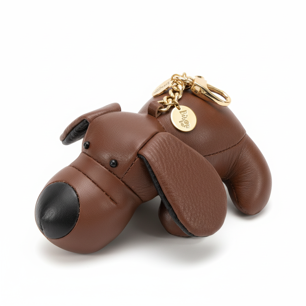 DACHSHUND DOG KEYCHAIN CHARM FAUX LEATHER BROWN