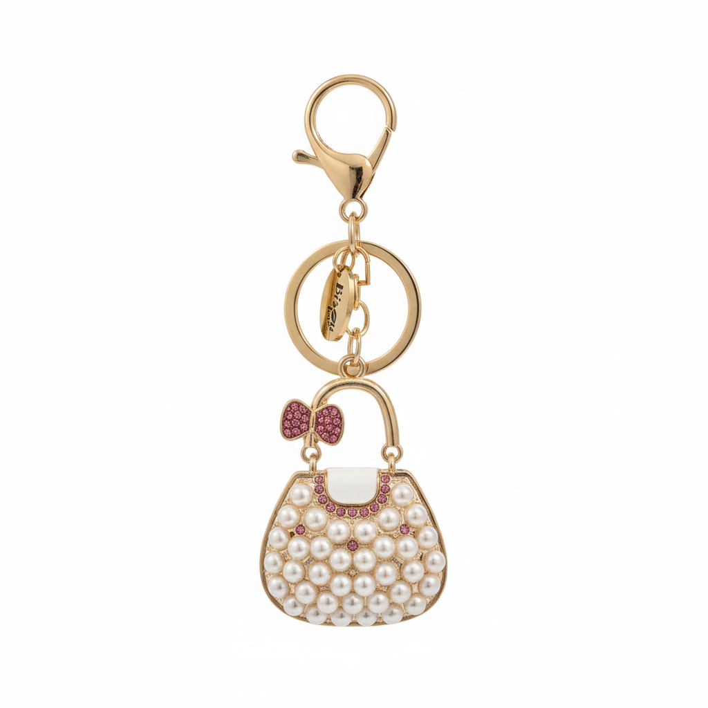SPARKLING PEARL HANDBAG KEYCHAIN CHARM DIAMOND WHITE