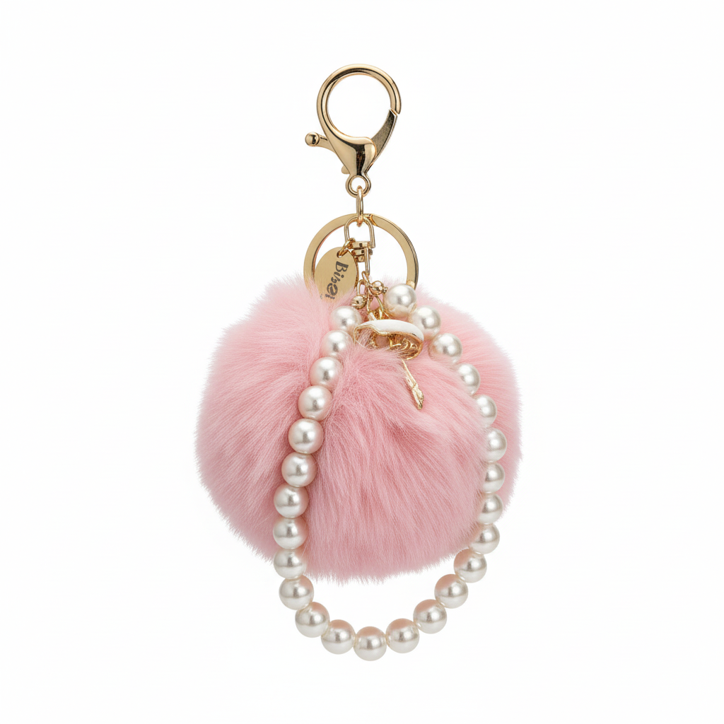 FLUFFY BALL WITH PEARL BALLERINA KEYCHAIN CHARM PINK