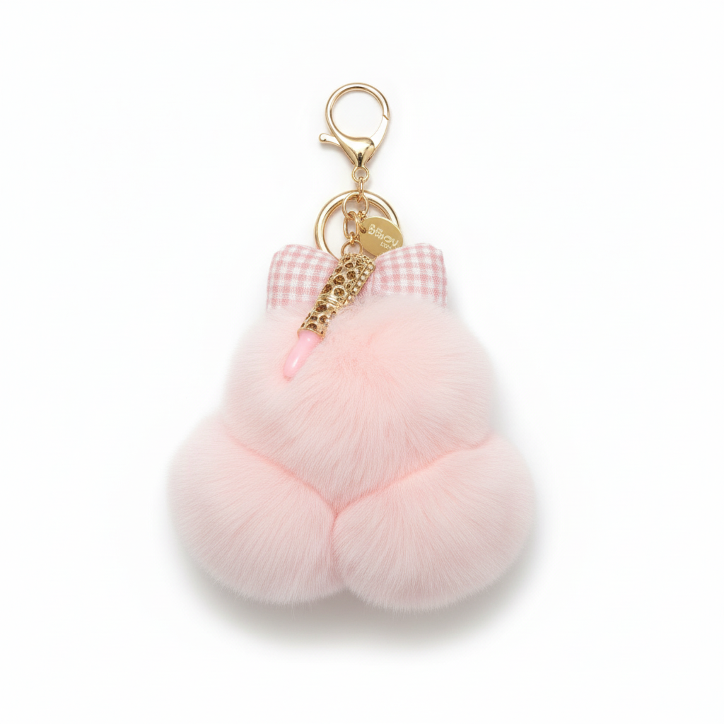 FLUFFY BUNNY KEYCHAIN CHARM POLKA DOTTED BOW PINK