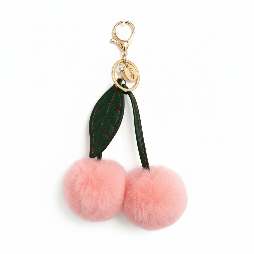 FLUFFY CHERRY POM-POM KEYCHAIN CHARM PINK