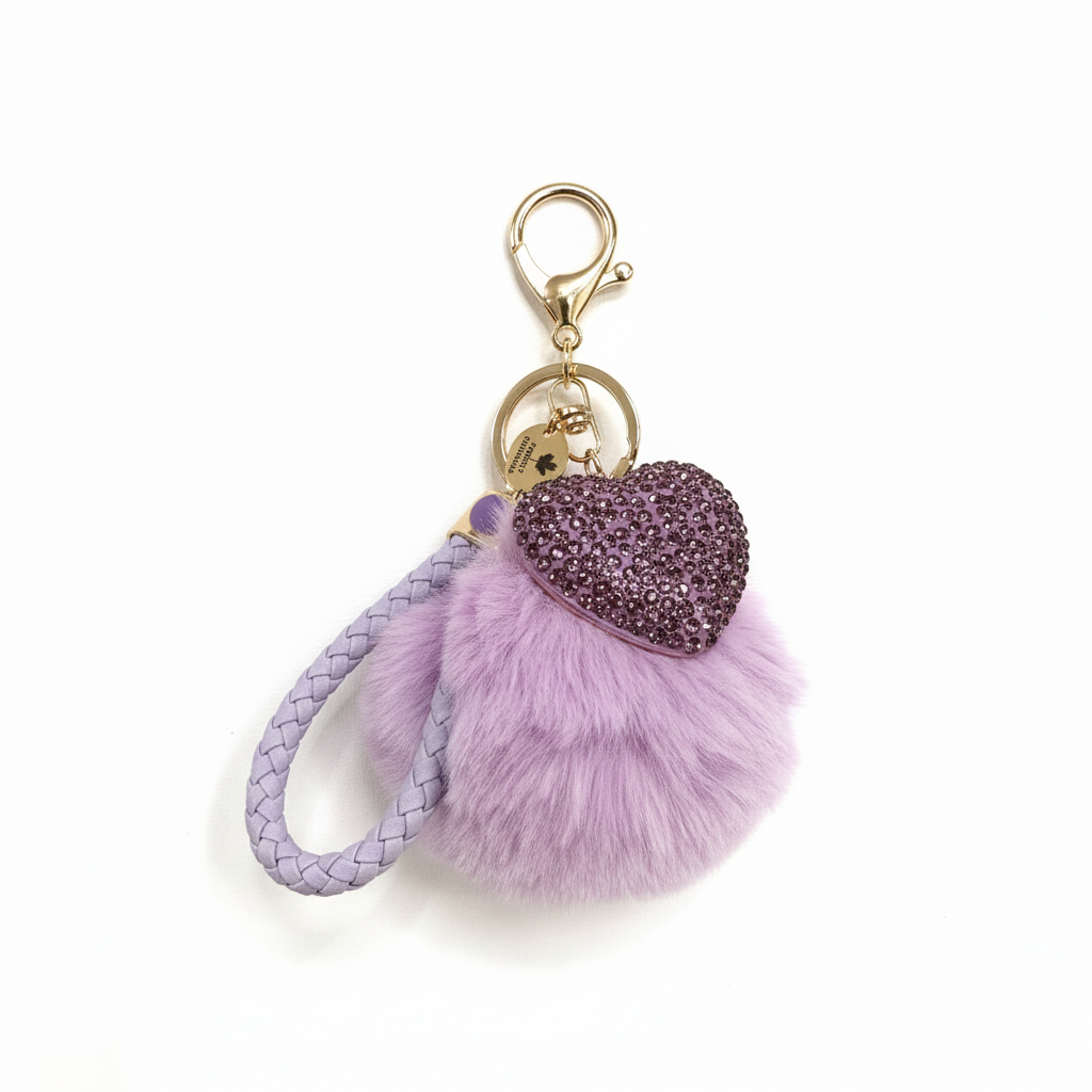 FLUFFY BALL WITH HEART RHINESTONE KEYCHAIN CHARM PURPLE