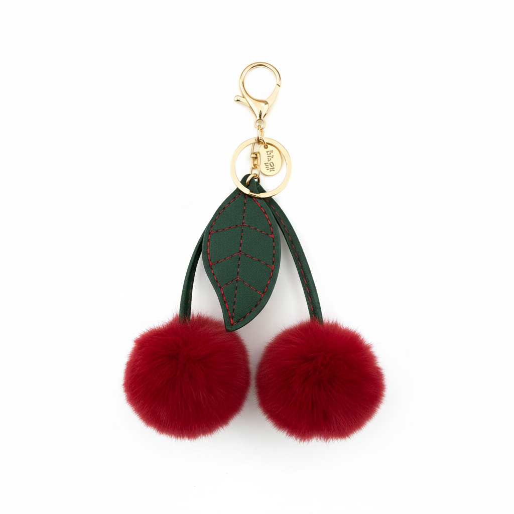FLUFFY CHERRY POM-POM KEYCHAIN RED
