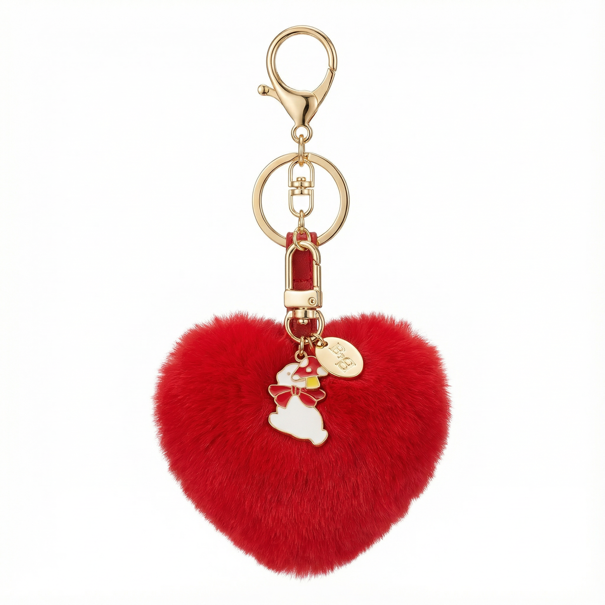 FLUFFY HEART KEYCHAIN WITH BOWED BUNNY CHARM RED
