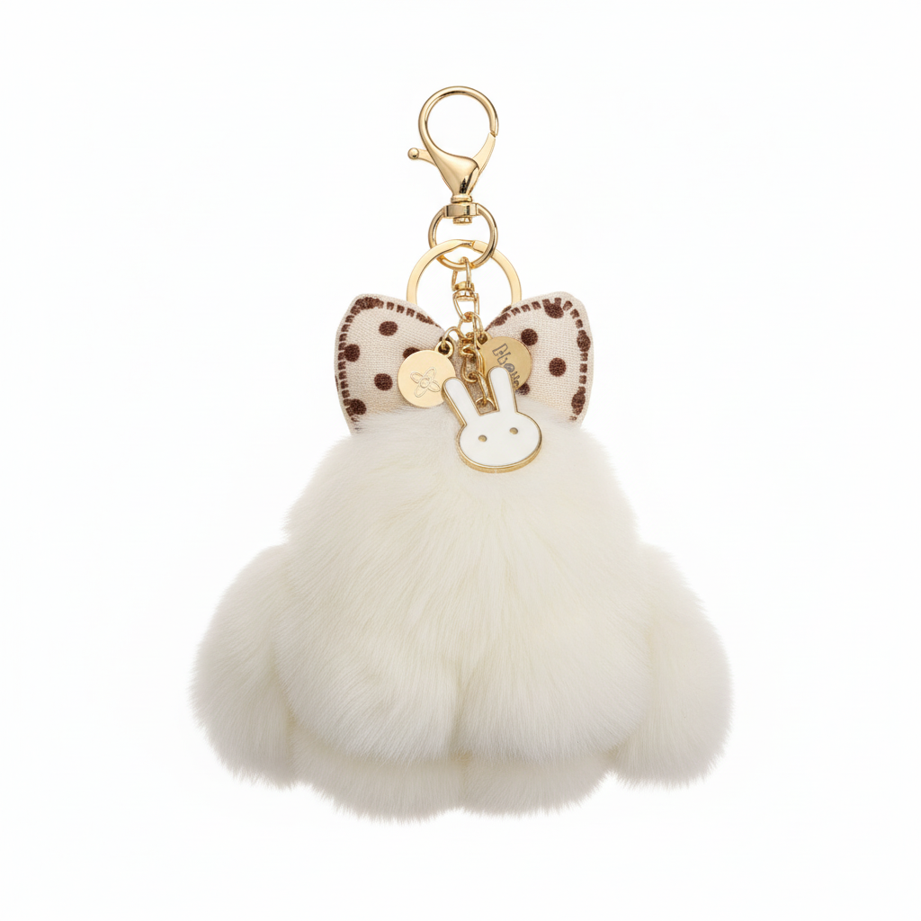 FLUFFY BUNNY KEYCHAIN CHARM POLKA DOT BOW WHITE
