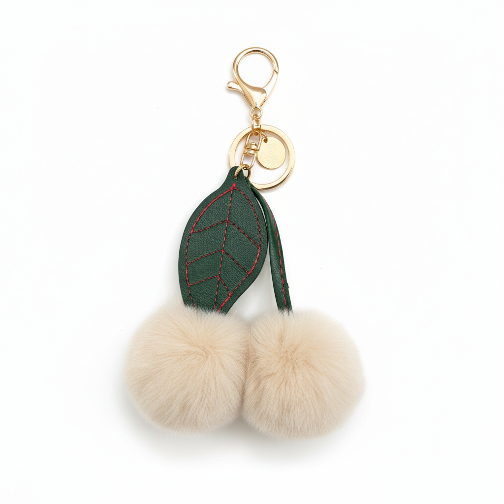 FLUFFY CHERRY POM-POM KEYCHAIN WHITE