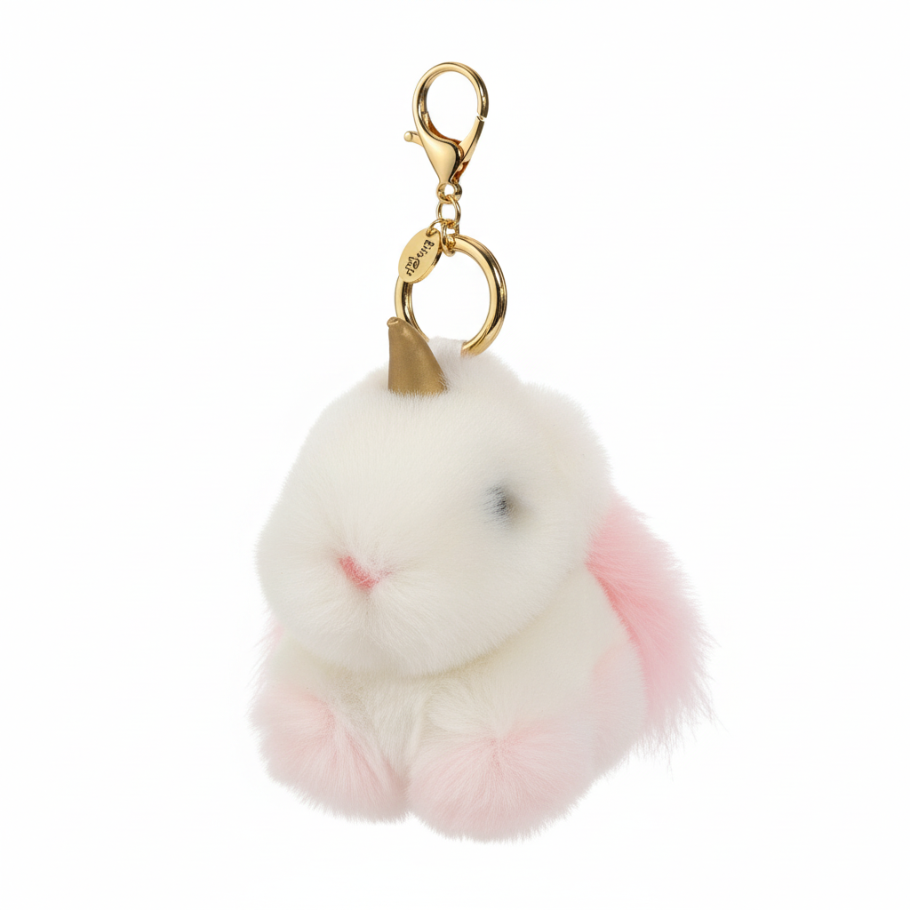 FLUFFY BUNNY KEYCHAIN CHARM WHITE AND PINK